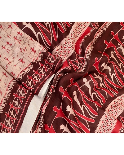 Sanskriti Vintage Sarees Ivory Abstract Human Print Pure Silk Sari Craft Fabric, PR-64298-Ivory-Pure Silk-2