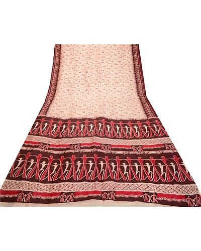 Sanskriti Vintage Sarees Ivory Abstract Human Print Pure Silk Sari Craft Fabric, PR-64298-Ivory-Pure Silk-8