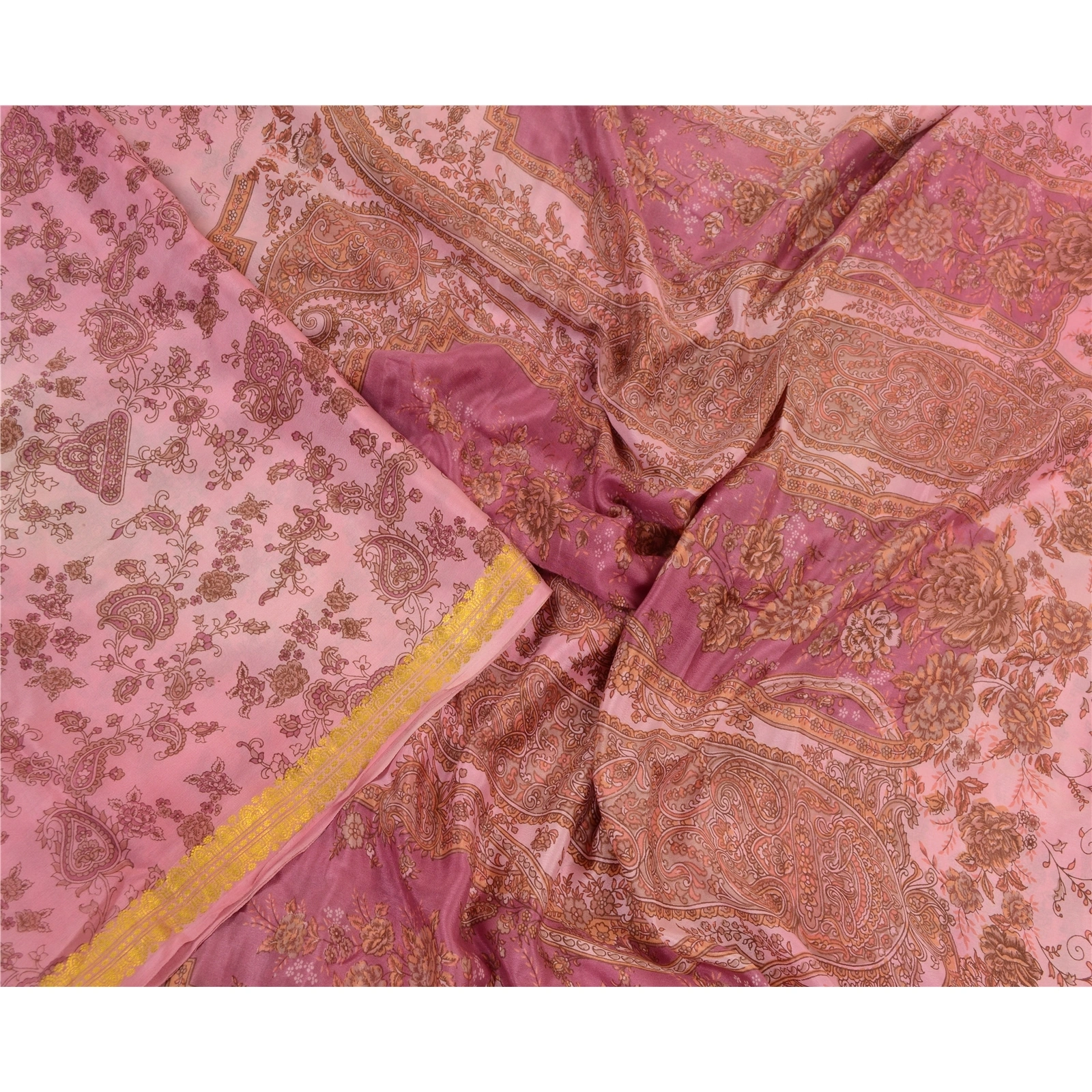 Sanskriti Vintage Sarees Pink Zari Border Pure Silk Printed Sari Craft Fabric, PR-64305-Pink-Pure Silk-2