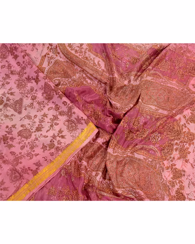 Sanskriti Vintage Sarees Pink Zari Border Pure Silk Printed Sari Craft Fabric, PR-64305-Pink-Pure Silk-2