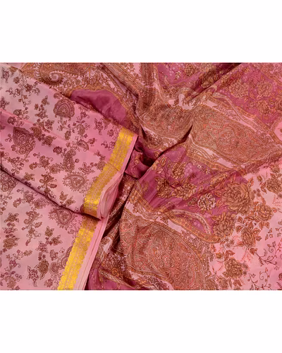 Sanskriti Vintage Sarees Pink Zari Border Pure Silk Printed Sari Craft Fabric, PR-64305-Pink-Pure Silk-3