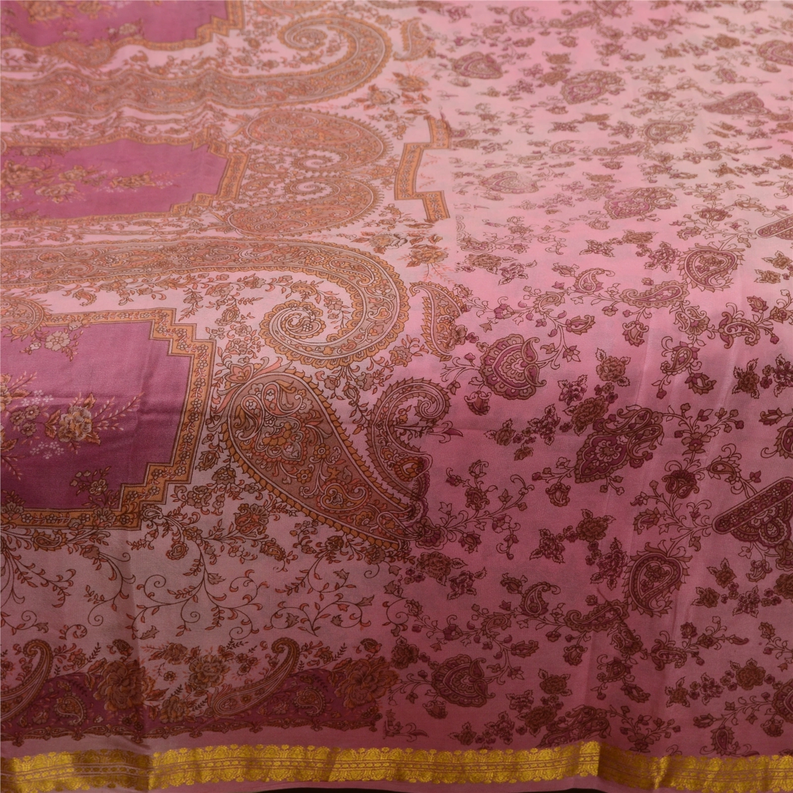 Sanskriti Vintage Sarees Pink Zari Border Pure Silk Printed Sari Craft Fabric, PR-64305-Pink-Pure Silk-4