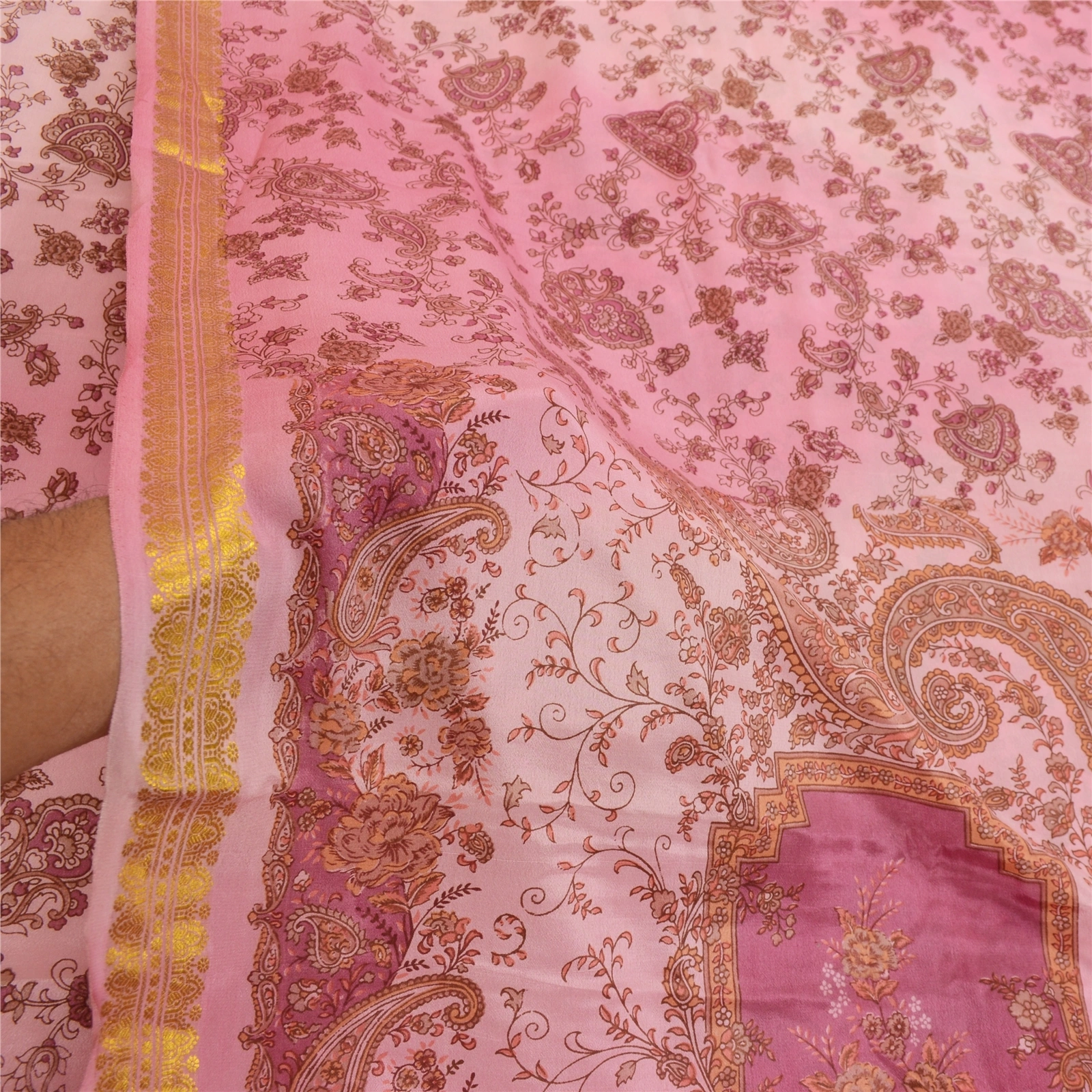 Sanskriti Vintage Sarees Pink Zari Border Pure Silk Printed Sari Craft Fabric, PR-64305-Pink-Pure Silk-6