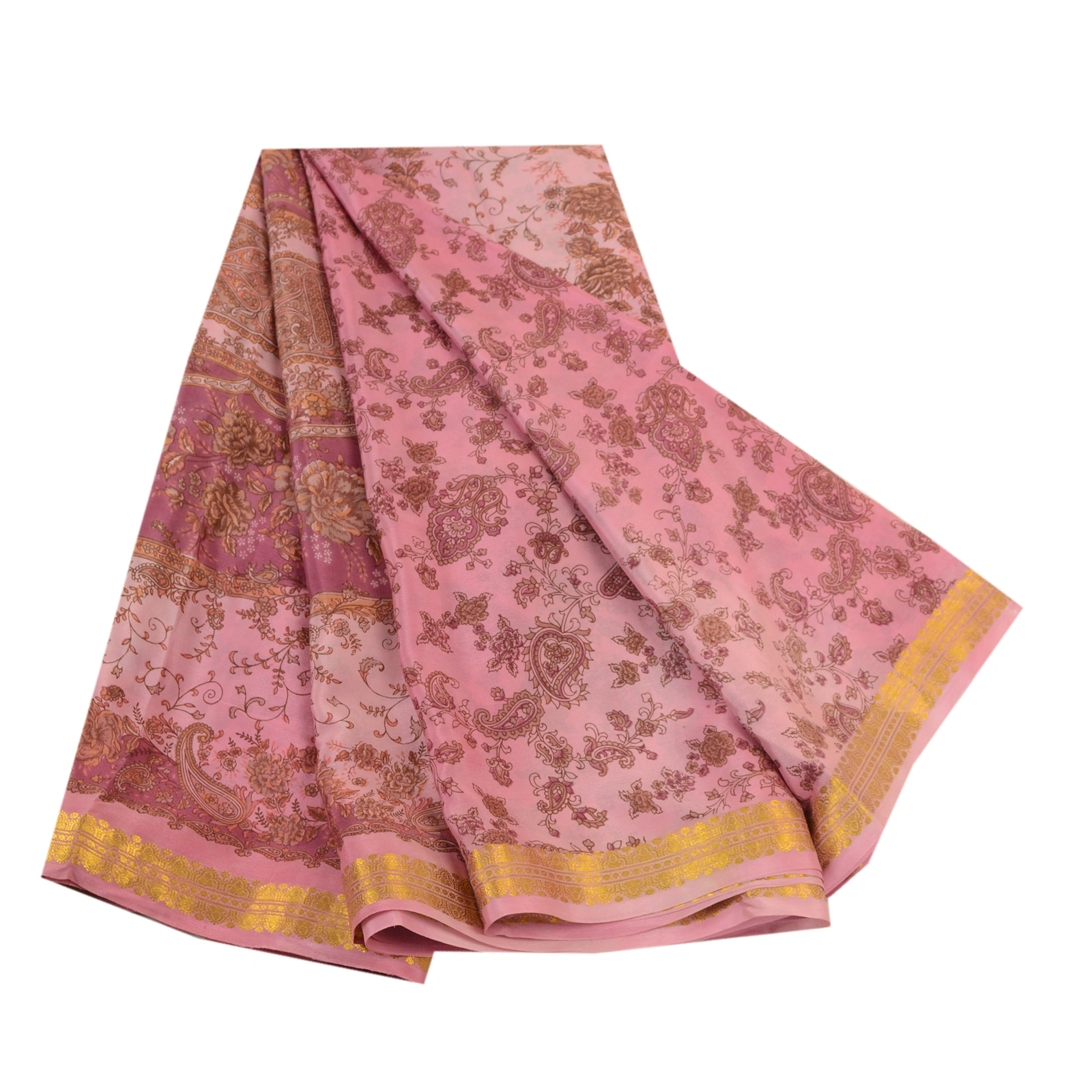 Sanskriti Vintage Sarees Pink Zari Border Pure Silk Printed Sari Craft Fabric, PR-64305-Pink-Pure Silk-7