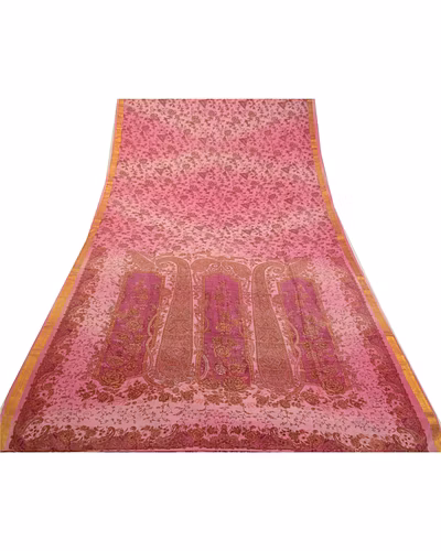 Sanskriti Vintage Sarees Pink Zari Border Pure Silk Printed Sari Craft Fabric, PR-64305-Pink-Pure Silk-8