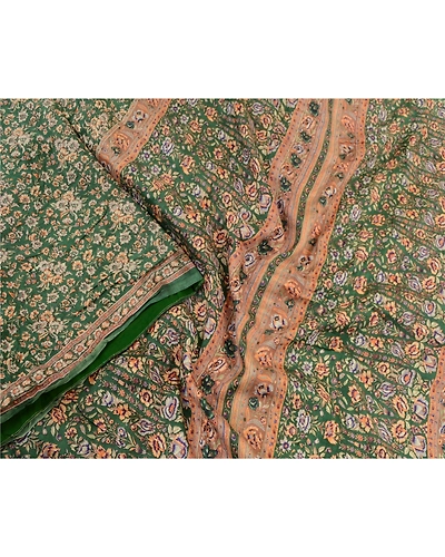Sanskriti Vintage Sarees From India Green Pure Silk Printed Sari Craft Fabric, PR-64320-Green-Pure Silk-1