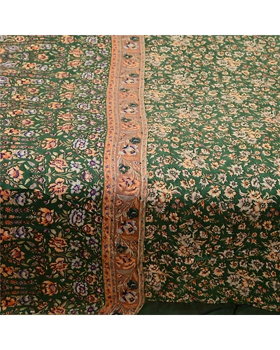 Sanskriti Vintage Sarees From India Green Pure Silk Printed Sari Craft Fabric, PR-64320-Green-Pure Silk-3