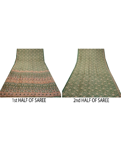 Sanskriti Vintage Sarees From India Green Pure Silk Printed Sari Craft Fabric, PR-64320-Green-Pure Silk-4