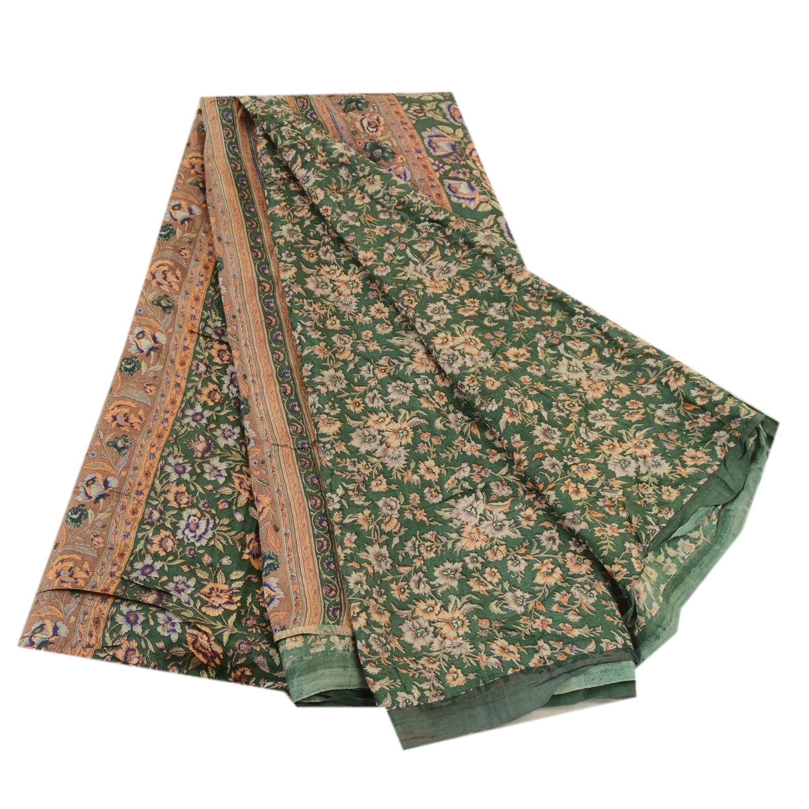 Sanskriti Vintage Sarees From India Green Pure Silk Printed Sari Craft Fabric, PR-64320-Green-Pure Silk-7