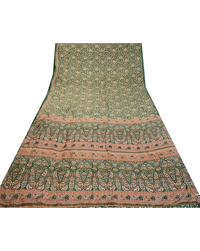 Sanskriti Vintage Sarees From India Green Pure Silk Printed Sari Craft Fabric, PR-64320-Green-Pure Silk-8