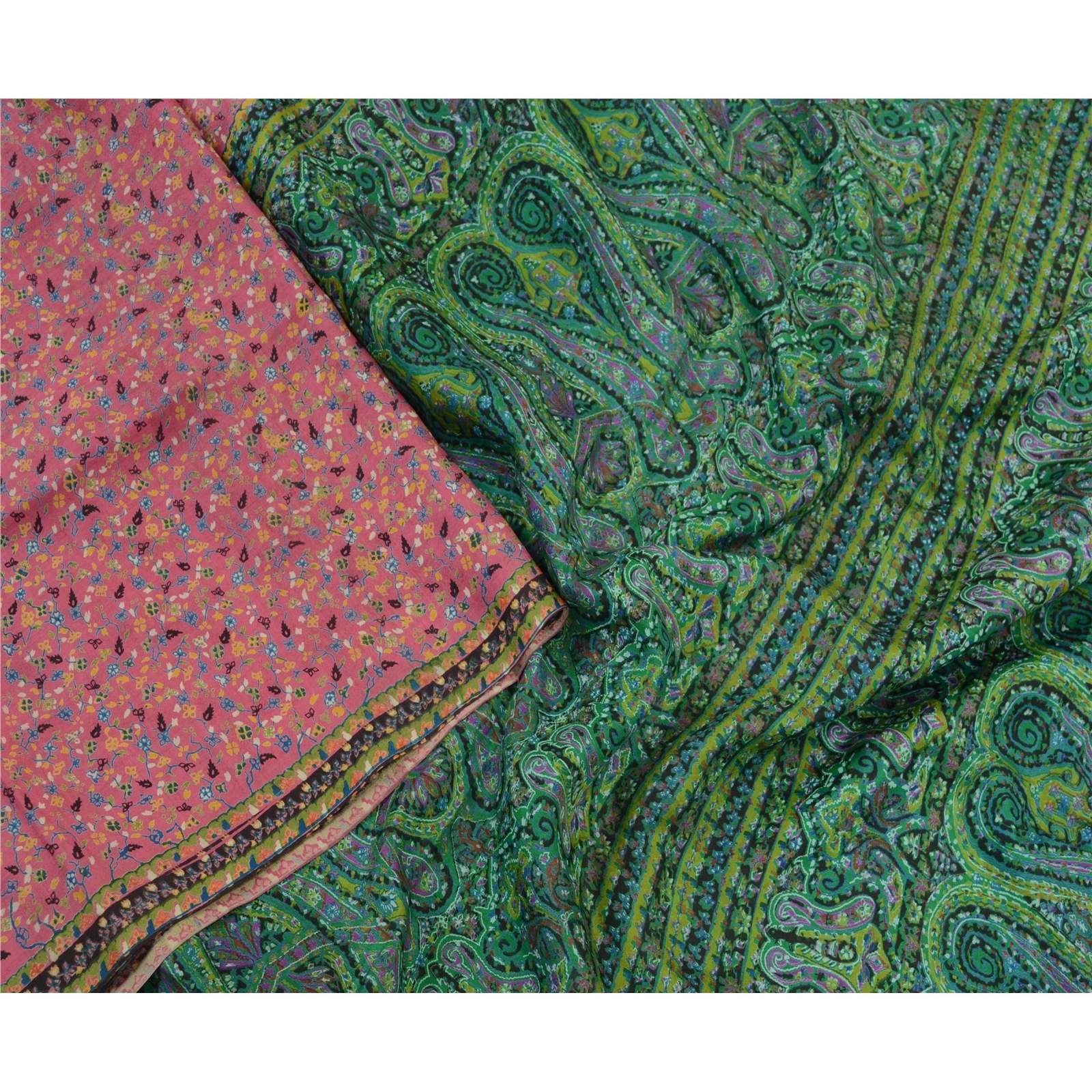 Sanskriti Vintage Sarees Pink Indian Pure Silk Printed Sari Floral Craft Fabric, PR-64329-Pink-Pure Silk-2