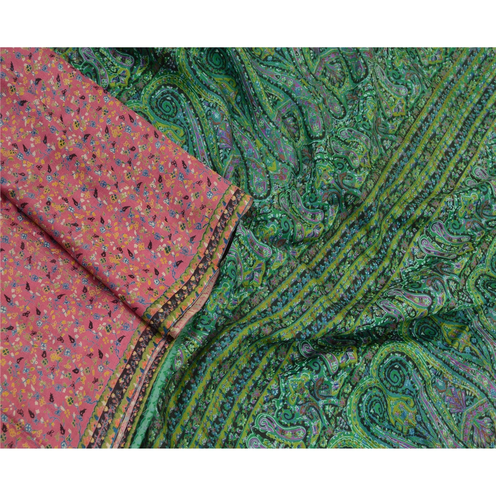 Sanskriti Vintage Sarees Pink Indian Pure Silk Printed Sari Floral Craft Fabric, PR-64329-Pink-Pure Silk-3