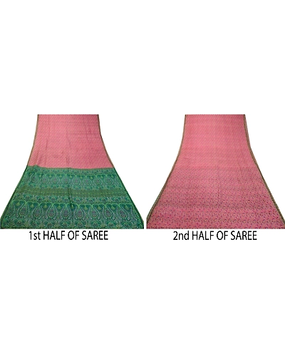 Sanskriti Vintage Sarees Pink Indian Pure Silk Printed Sari Floral Craft Fabric, PR-64329-Pink-Pure Silk-5