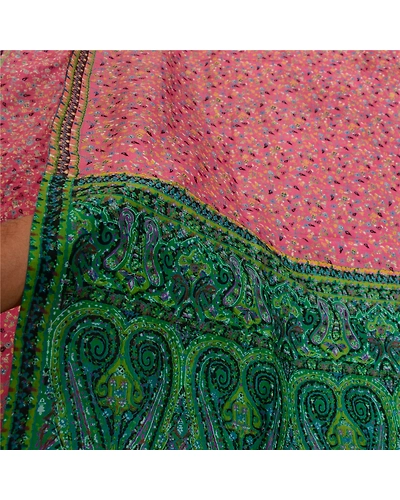 Sanskriti Vintage Sarees Pink Indian Pure Silk Printed Sari Floral Craft Fabric, PR-64329-Pink-Pure Silk-6