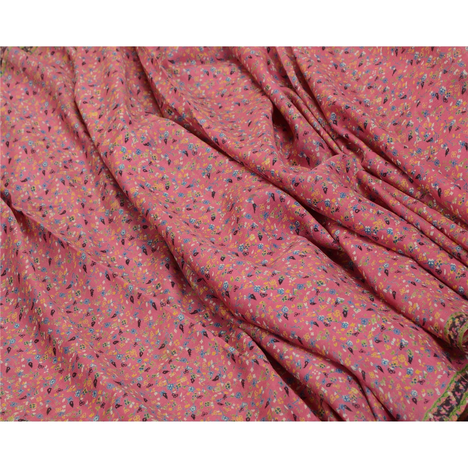 Sanskriti Vintage Sarees Pink Indian Pure Silk Printed Sari Floral Craft Fabric, PR-64329-Pink-Pure Silk-7