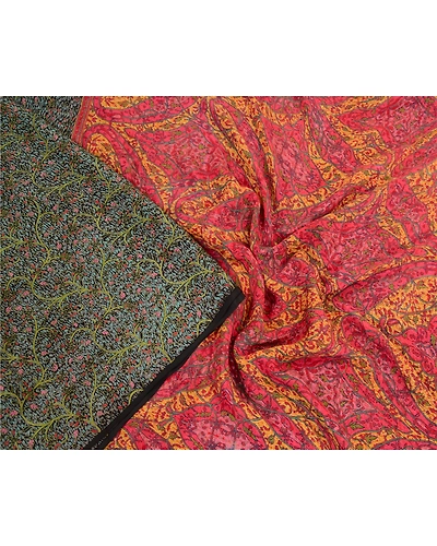 Sanskriti Vintage Sarees Red Indian Pure Chiffon Silk Printed Sari Craft Fabric, PR-64334-Black-Pure Chiffon Silk-2