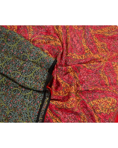 Sanskriti Vintage Sarees Red Indian Pure Chiffon Silk Printed Sari Craft Fabric, PR-64334-Black-Pure Chiffon Silk-3