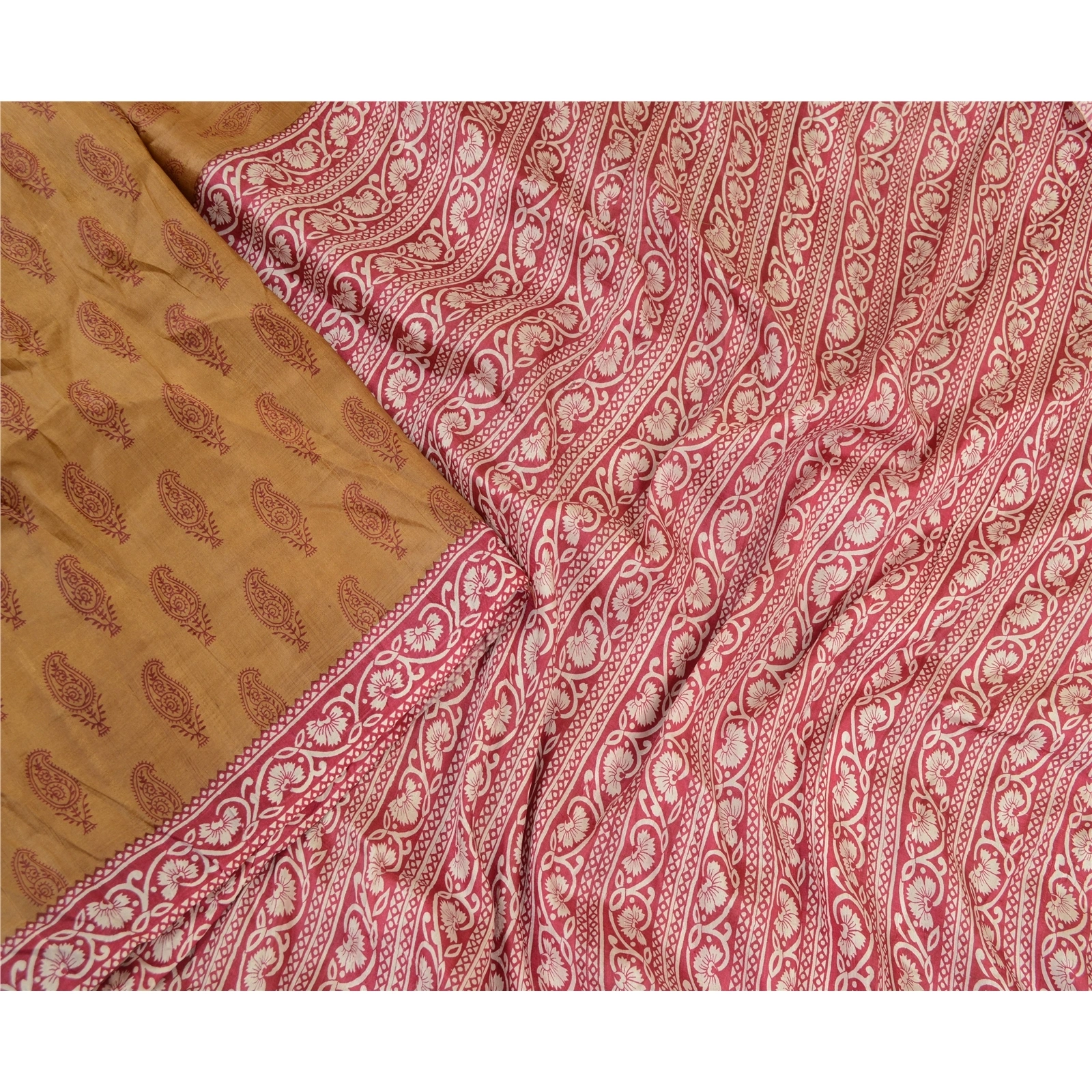 Sanskriti Vintage Sarees Indian Brown Block Printed Pure Silk Sari Craft Fabric, PR-64343-Brown-Pure Silk-1