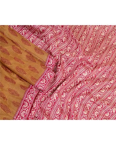 Sanskriti Vintage Sarees Indian Brown Block Printed Pure Silk Sari Craft Fabric, PR-64343-Brown-Pure Silk-2