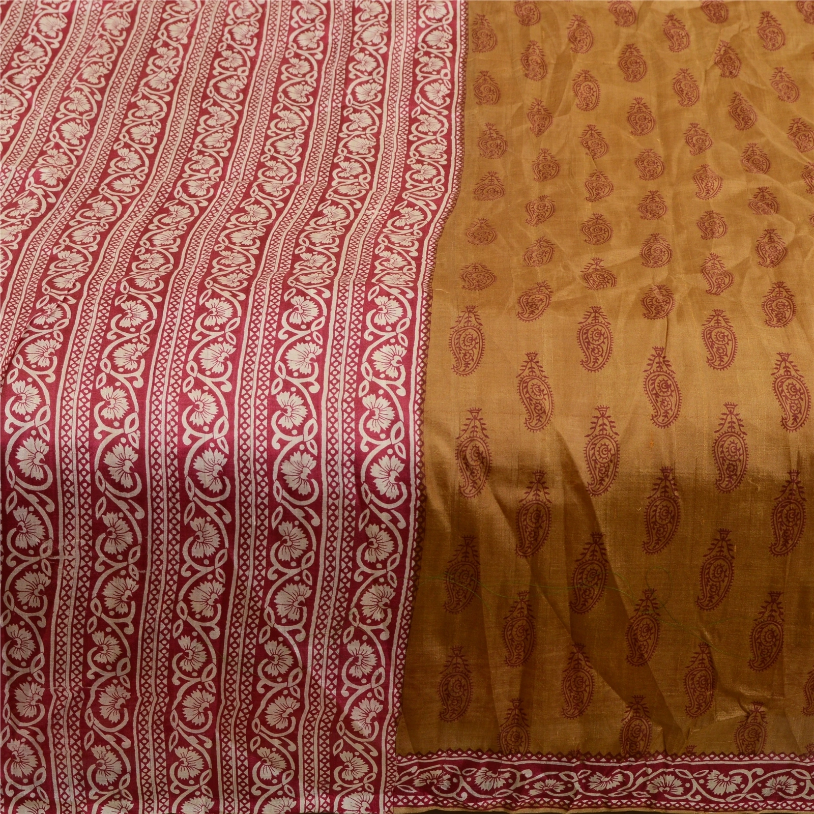 Sanskriti Vintage Sarees Indian Brown Block Printed Pure Silk Sari Craft Fabric, PR-64343-Brown-Pure Silk-3