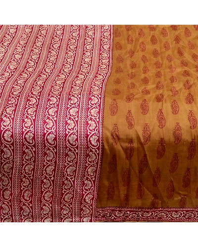Sanskriti Vintage Sarees Indian Brown Block Printed Pure Silk Sari Craft Fabric, PR-64343-Brown-Pure Silk-3