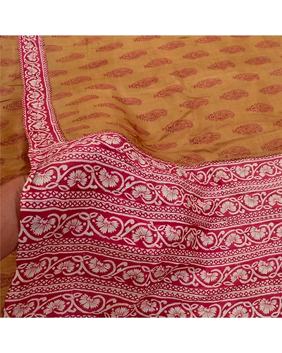 Sanskriti Vintage Sarees Indian Brown Block Printed Pure Silk Sari Craft Fabric, PR-64343-Brown-Pure Silk-5