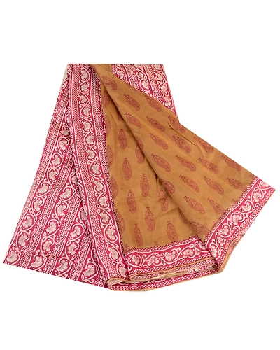 Sanskriti Vintage Sarees Indian Brown Block Printed Pure Silk Sari Craft Fabric, PR-64343-Brown-Pure Silk-6