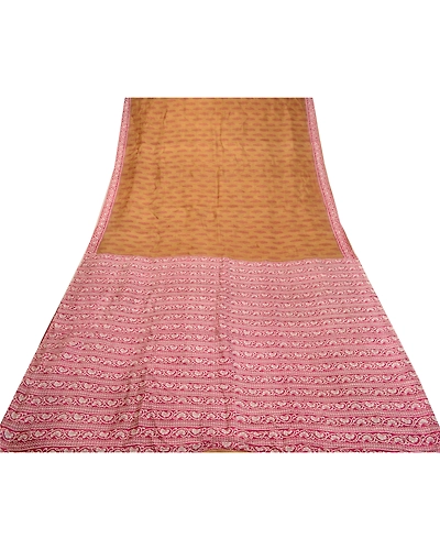 Sanskriti Vintage Sarees Indian Brown Block Printed Pure Silk Sari Craft Fabric, PR-64343-Brown-Pure Silk-7