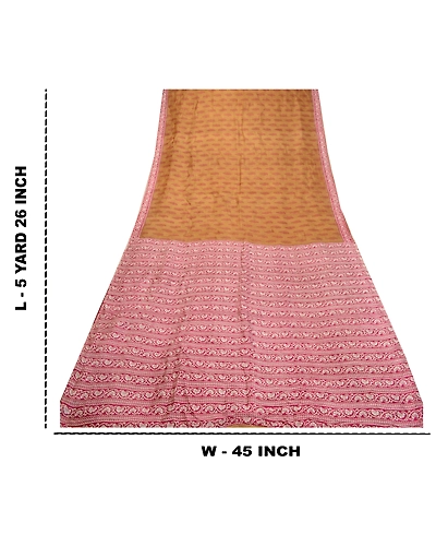 Sanskriti Vintage Sarees Indian Brown Block Printed Pure Silk Sari Craft Fabric, PR-64343-Brown-Pure Silk-8