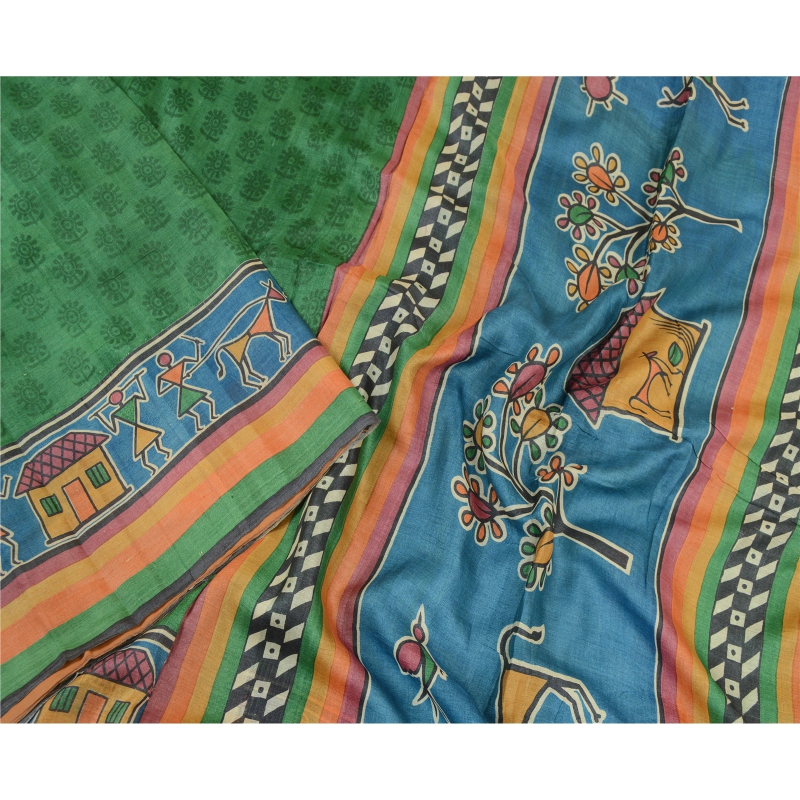 Sanskriti Vintage Sarees Green Warli Art Block Print Pure Silk Sari Craft Fabric, PR-64359-Green-Pure Silk-1