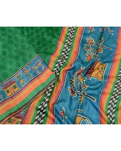 Sanskriti Vintage Sarees Green Warli Art Block Print Pure Silk Sari Craft Fabric, PR-64359-Green-Pure Silk-1