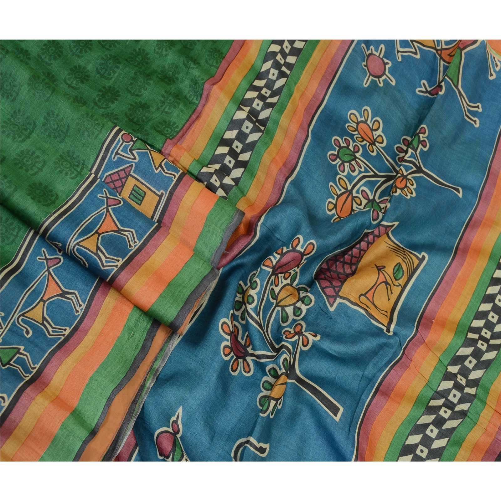 Sanskriti Vintage Sarees Green Warli Art Block Print Pure Silk Sari Craft Fabric, PR-64359-Green-Pure Silk-2