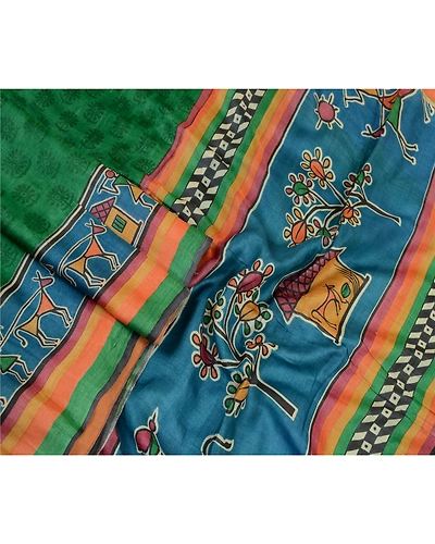 Sanskriti Vintage Sarees Green Warli Art Block Print Pure Silk Sari Craft Fabric, PR-64359-Green-Pure Silk-2
