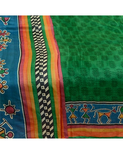 Sanskriti Vintage Sarees Green Warli Art Block Print Pure Silk Sari Craft Fabric, PR-64359-Green-Pure Silk-3