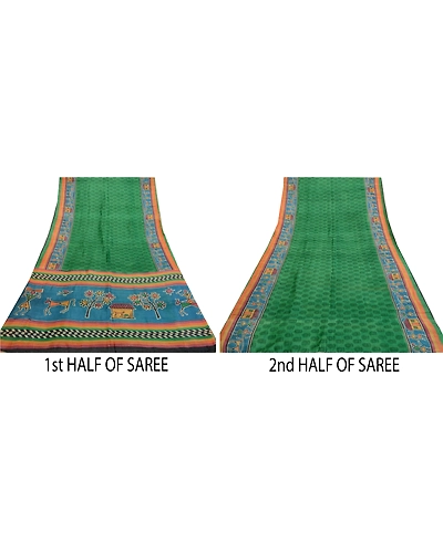 Sanskriti Vintage Sarees Green Warli Art Block Print Pure Silk Sari Craft Fabric, PR-64359-Green-Pure Silk-4
