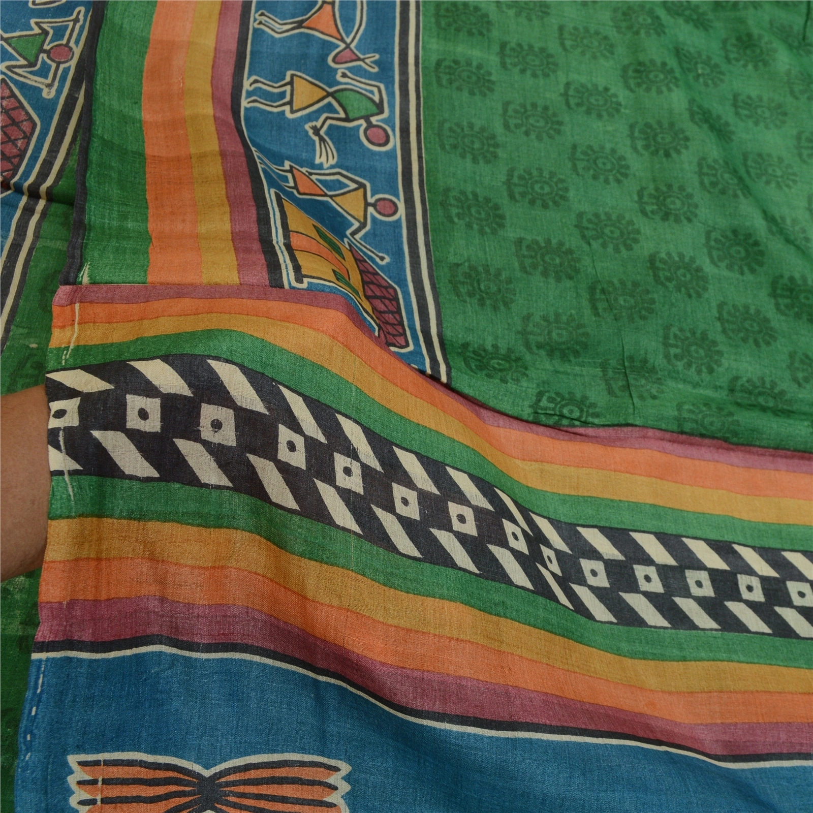 Sanskriti Vintage Sarees Green Warli Art Block Print Pure Silk Sari Craft Fabric, PR-64359-Green-Pure Silk-5