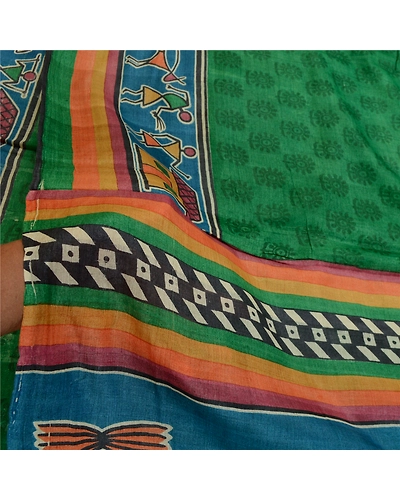 Sanskriti Vintage Sarees Green Warli Art Block Print Pure Silk Sari Craft Fabric, PR-64359-Green-Pure Silk-5