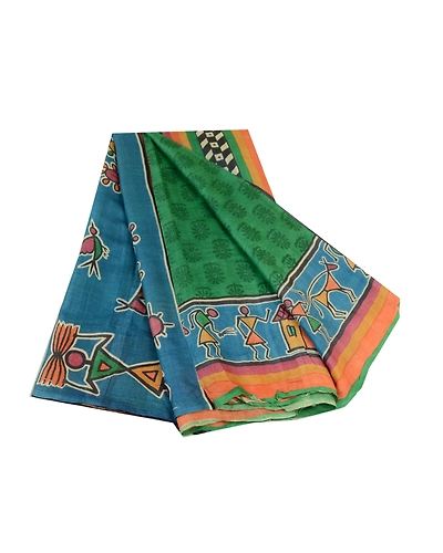 Sanskriti Vintage Sarees Green Warli Art Block Print Pure Silk Sari Craft Fabric, PR-64359-Green-Pure Silk-6