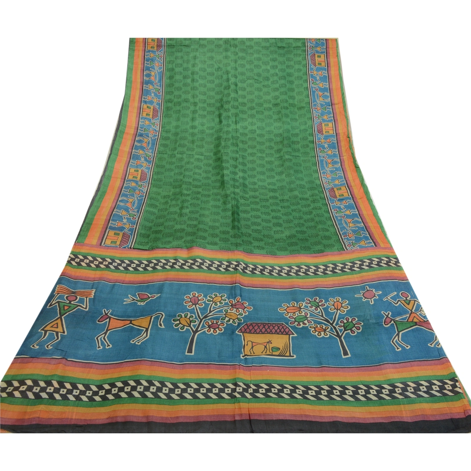 Sanskriti Vintage Sarees Green Warli Art Block Print Pure Silk Sari Craft Fabric, PR-64359-Green-Pure Silk-7