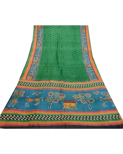 Sanskriti Vintage Sarees Green Warli Art Block Print Pure Silk Sari Craft Fabric, PR-64359-Green-Pure Silk-7