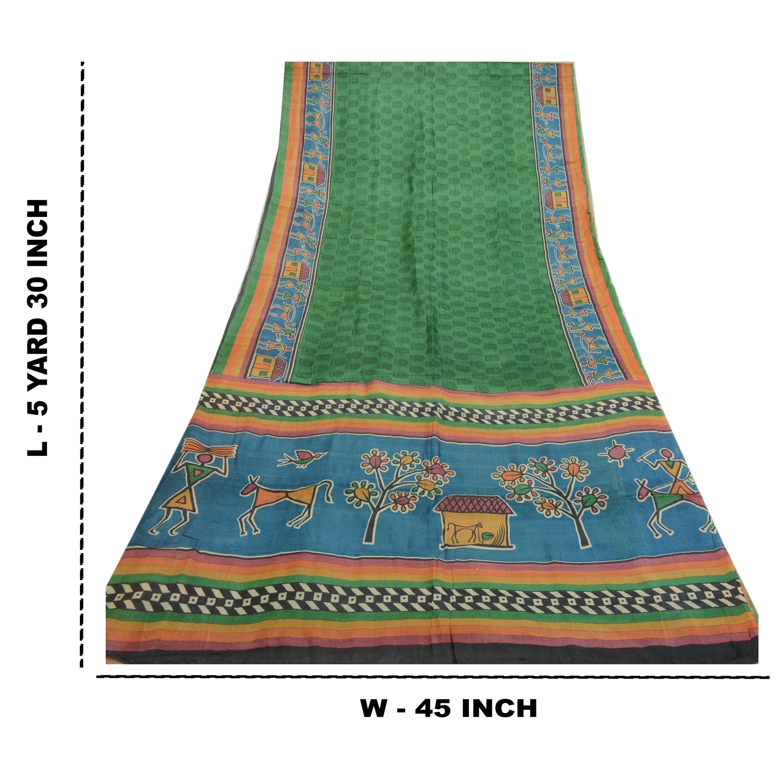 Sanskriti Vintage Sarees Green Warli Art Block Print Pure Silk Sari Craft Fabric, PR-64359-Green-Pure Silk-8