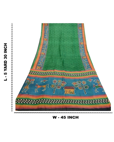 Sanskriti Vintage Sarees Green Warli Art Block Print Pure Silk Sari Craft Fabric, PR-64359-Green-Pure Silk-8