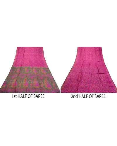 Sanskriti Vintage Sarees Indian Purple Pure Silk Printed Sari 5Yd Craft Fabric, PR-64369-Purple-Pure Silk-4