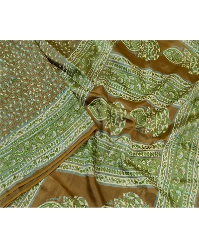 Sanskriti Vintage Sarees Indian Green Pure Silk Printed Sari 5Yd Craft Fabric, PR-64370-Green-Pure Silk-1