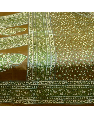 Sanskriti Vintage Sarees Indian Green Pure Silk Printed Sari 5Yd Craft Fabric, PR-64370-Green-Pure Silk-3