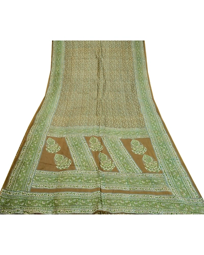 Sanskriti Vintage Sarees Indian Green Pure Silk Printed Sari 5Yd Craft Fabric, PR-64370-Green-Pure Silk-8