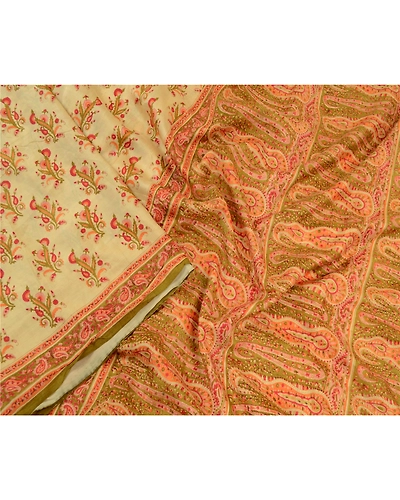 Sanskriti Vintage Sarees Shades Of Cream Pure Silk Printed Sari 5Yd Craft Fabric, PR-64372-Shades Of Cream-Pure Silk-1