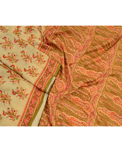 Sanskriti Vintage Sarees Shades Of Cream Pure Silk Printed Sari 5Yd Craft Fabric, PR-64372-Shades Of Cream-Pure Silk-2