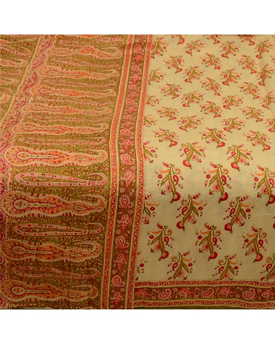 Sanskriti Vintage Sarees Shades Of Cream Pure Silk Printed Sari 5Yd Craft Fabric, PR-64372-Shades Of Cream-Pure Silk-3