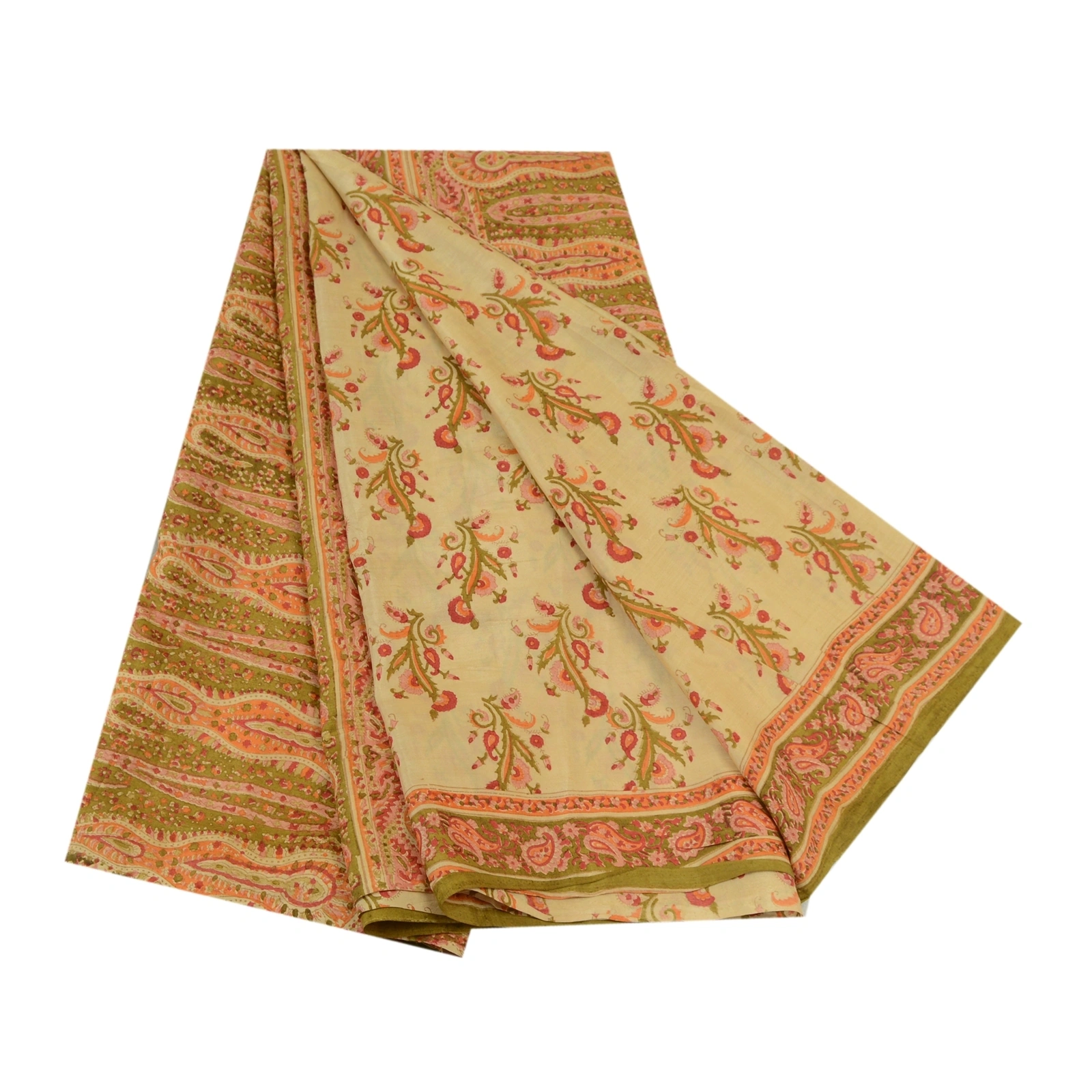 Sanskriti Vintage Sarees Shades Of Cream Pure Silk Printed Sari 5Yd Craft Fabric, PR-64372-Shades Of Cream-Pure Silk-6